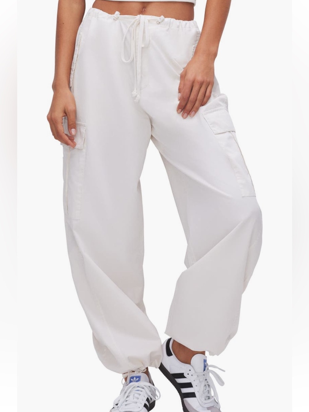 Good American White/Off White Parachute Cargo Joggers| Wide Leg Utility Pant